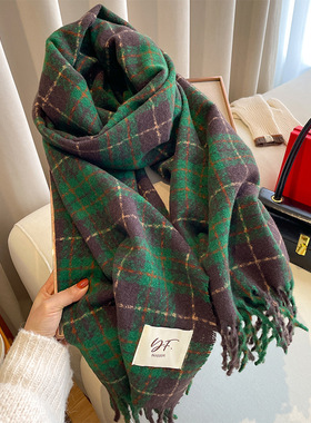法国BGCG围巾女秋冬山羊绒复古绿色格子保暖围脖两用披肩加厚长款