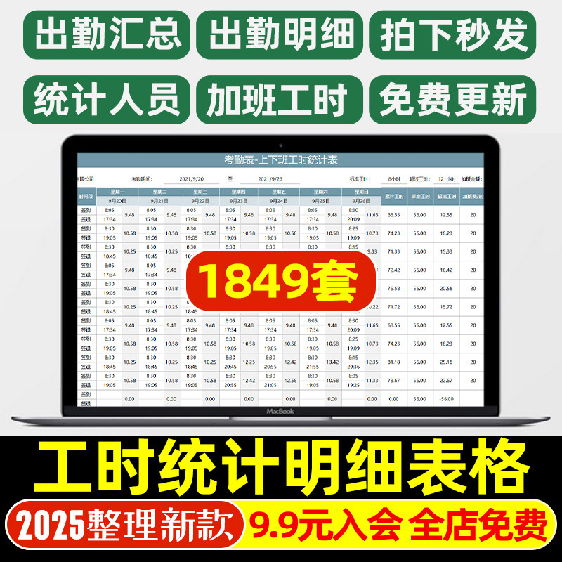 员工人工时统计明细表程项目产能记录加班考勤售后维修汇总excel