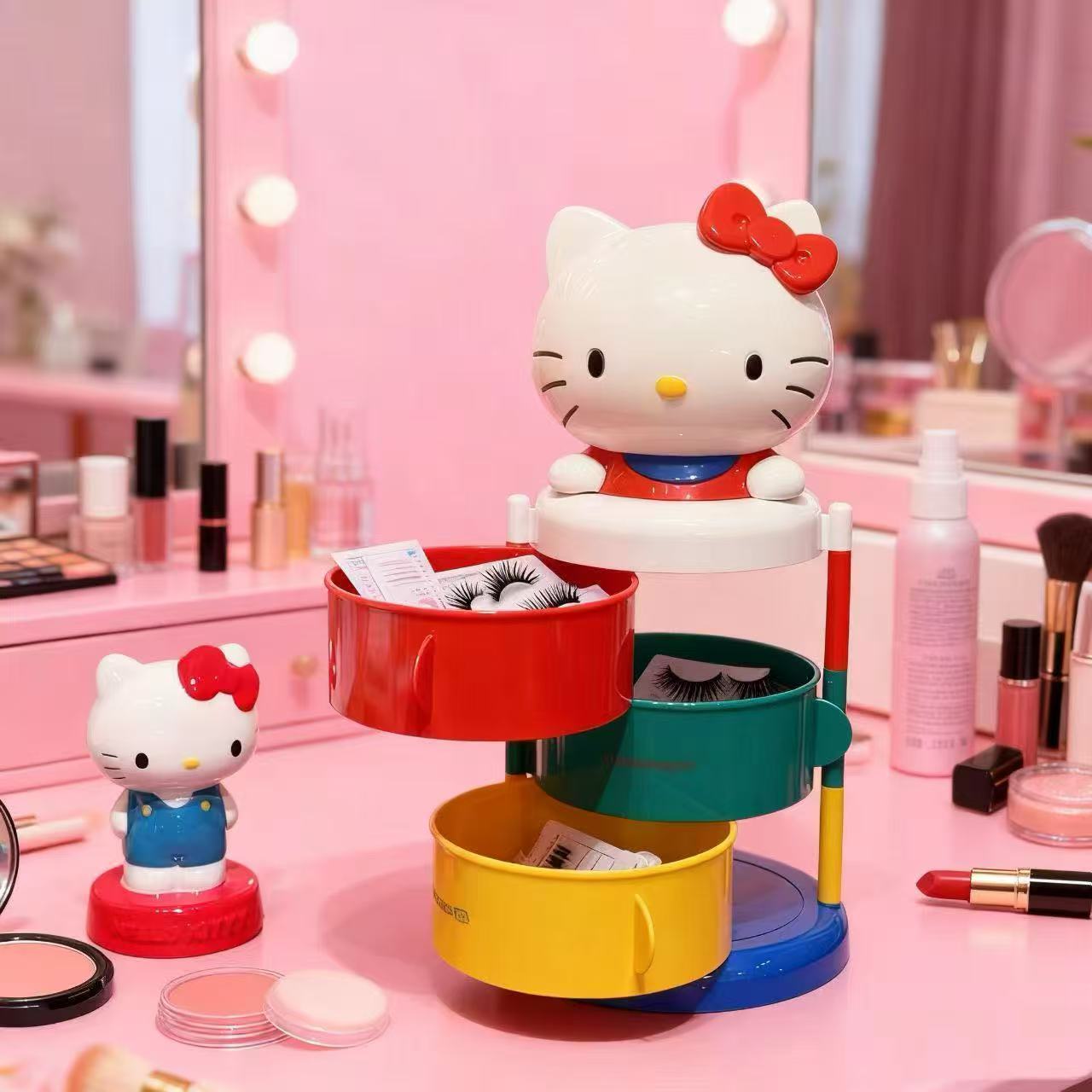 高颜值HelloKitty卡通首饰收纳盒桌面3层分格可爱整理盒桌面收纳