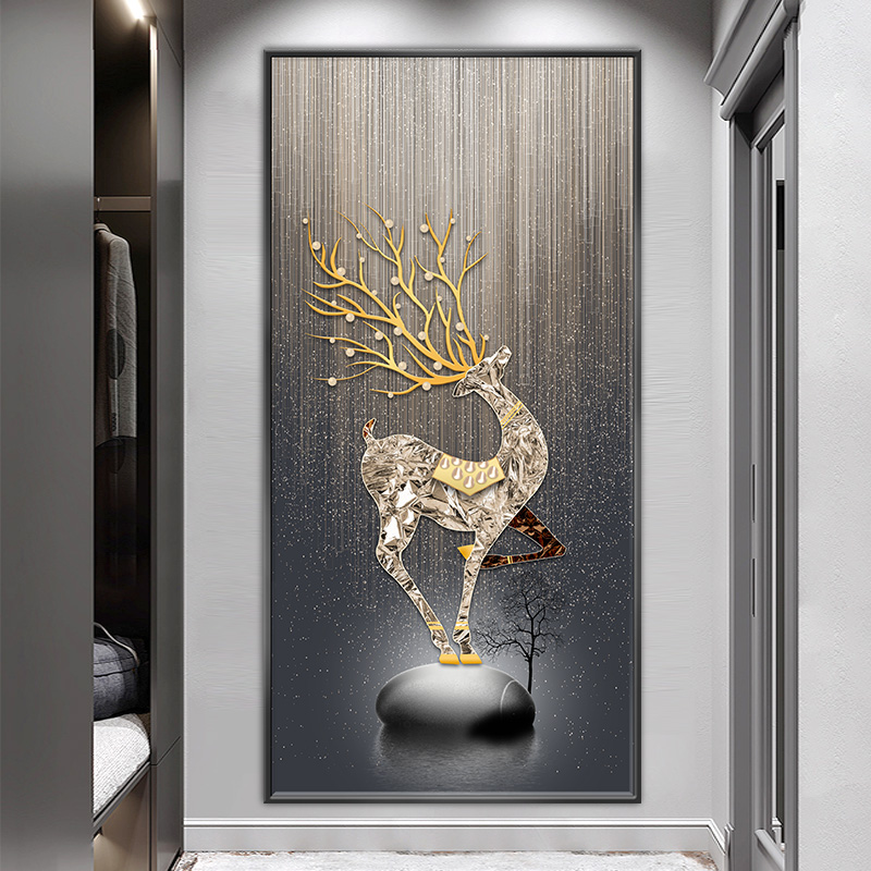 轻奢过道自粘贴画现代简约背景墙壁画玄关入户竖版大气麋鹿装饰画图片
