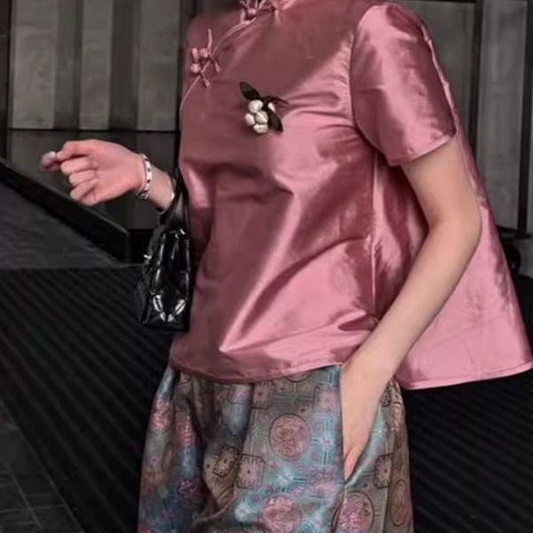 新中式国风粉色盘扣立领上衣女夏