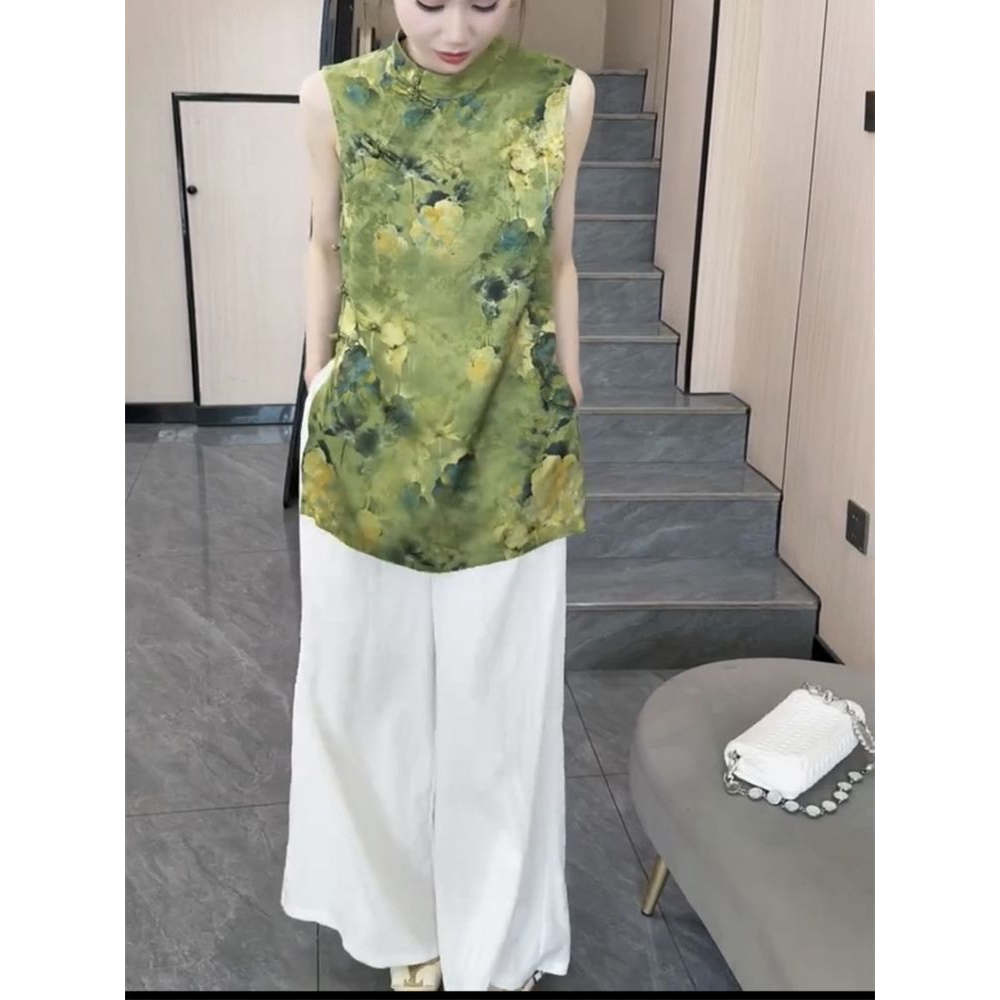 新中式马甲衬衫女小个子缎面印花