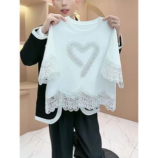 爱心烫钻印花蕾丝拼接设计感短袖 女夏季 新款 独特别致洋气休闲衬衫