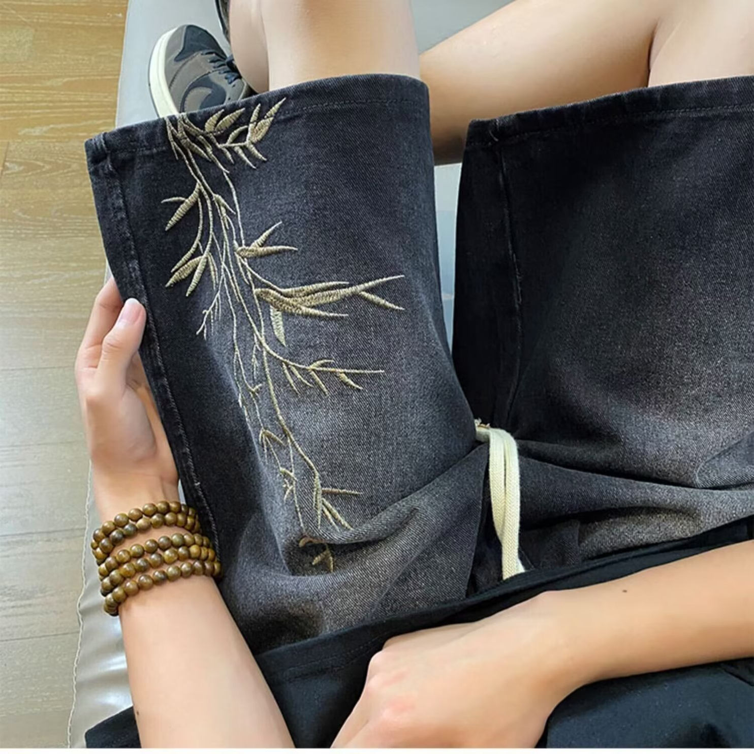 新中式刺绣牛仔短裤男夏季薄款宽松直筒中裤潮牌复古休闲五分裤子