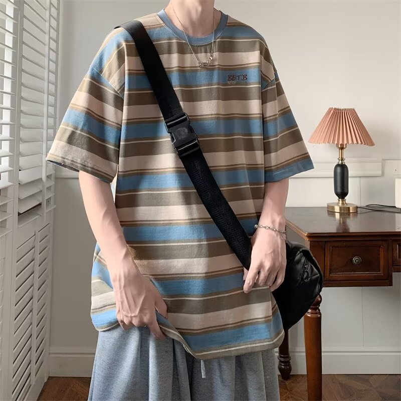 彩虹条纹短袖男夏季小清新ins港风潮流学生落肩宽松五分袖T恤衫男
