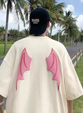 潮牌ins青少年恶魔翅膀字母印花夏季短袖T恤男生痞帅街头个性时尚