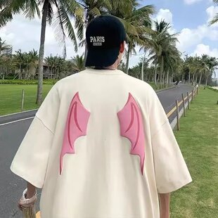 潮牌ins青少年恶魔翅膀字母印花夏季短袖T恤男生痞帅街头个性时尚