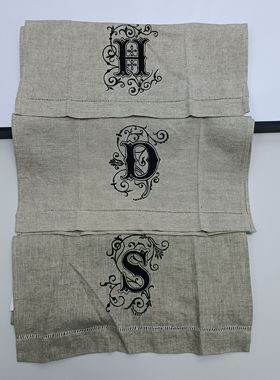瑕疵库存浮尘污渍亚麻本色黑色字母刺绣棉麻小方巾餐巾满30元包邮