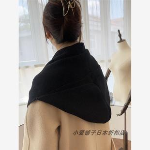 日本kazuki连帽围巾2024秋冬新款纯色针织披肩带帽子一体羊毛围脖