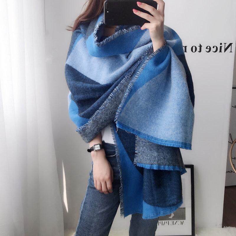 日本蓝色羊绒披肩大围巾女秋冬季新款加厚保暖围脖两用情人节礼物