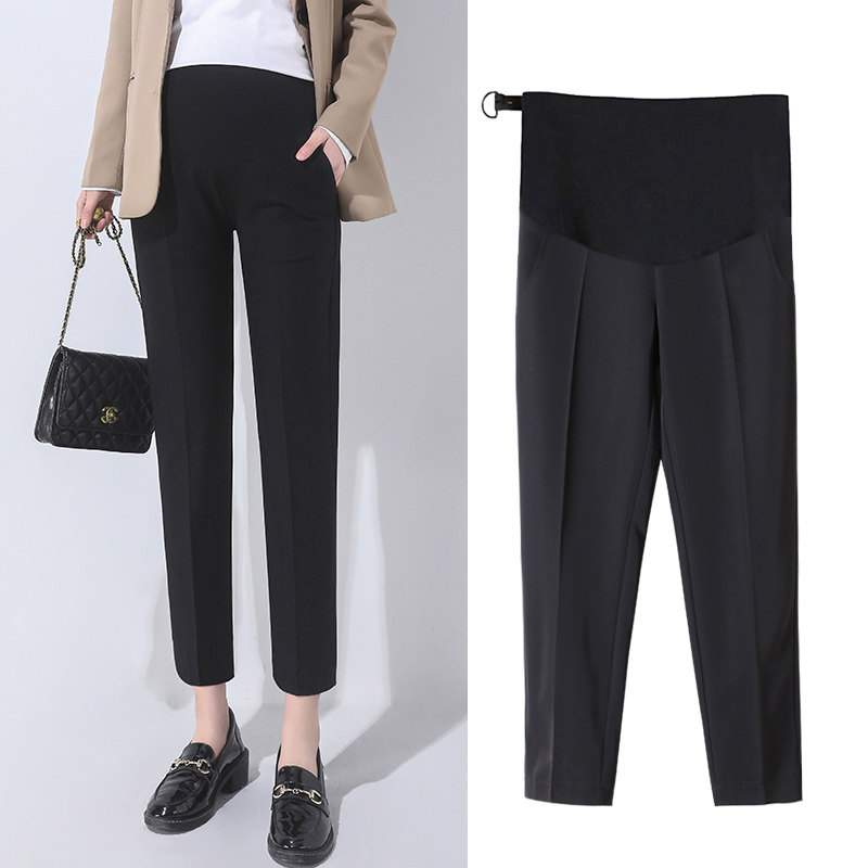 孕妇西装裤女春秋新款直筒宽松休闲托腹裤垂感职业黑色九分烟管裤