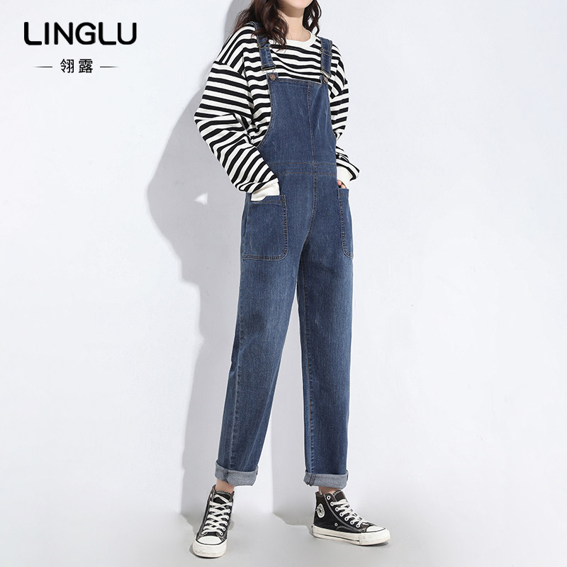 加长孕妇背带裤春秋外穿宽松大码牛仔裤托腹显瘦孕晚期直筒裤春装