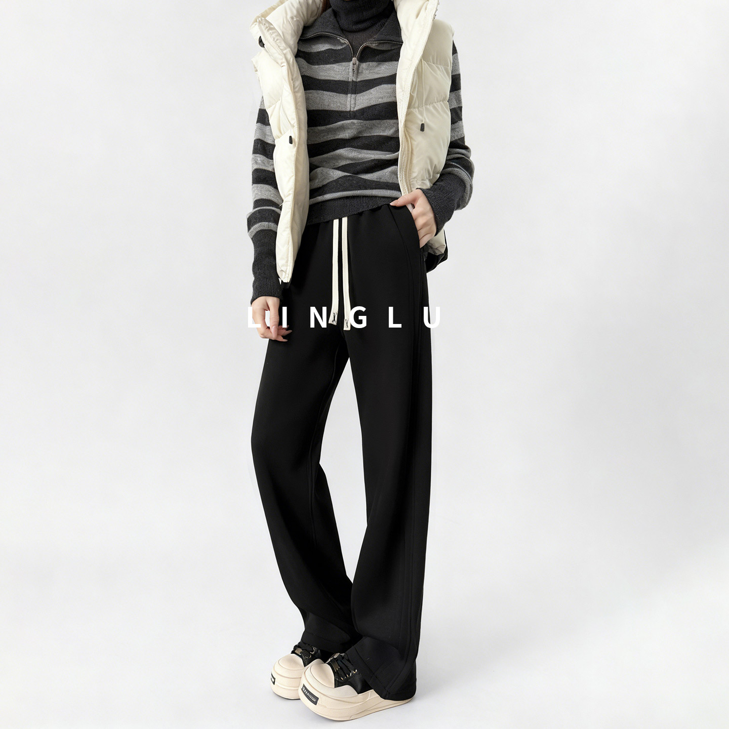 梨形身材遮跨显瘦黑色直筒窄版裤