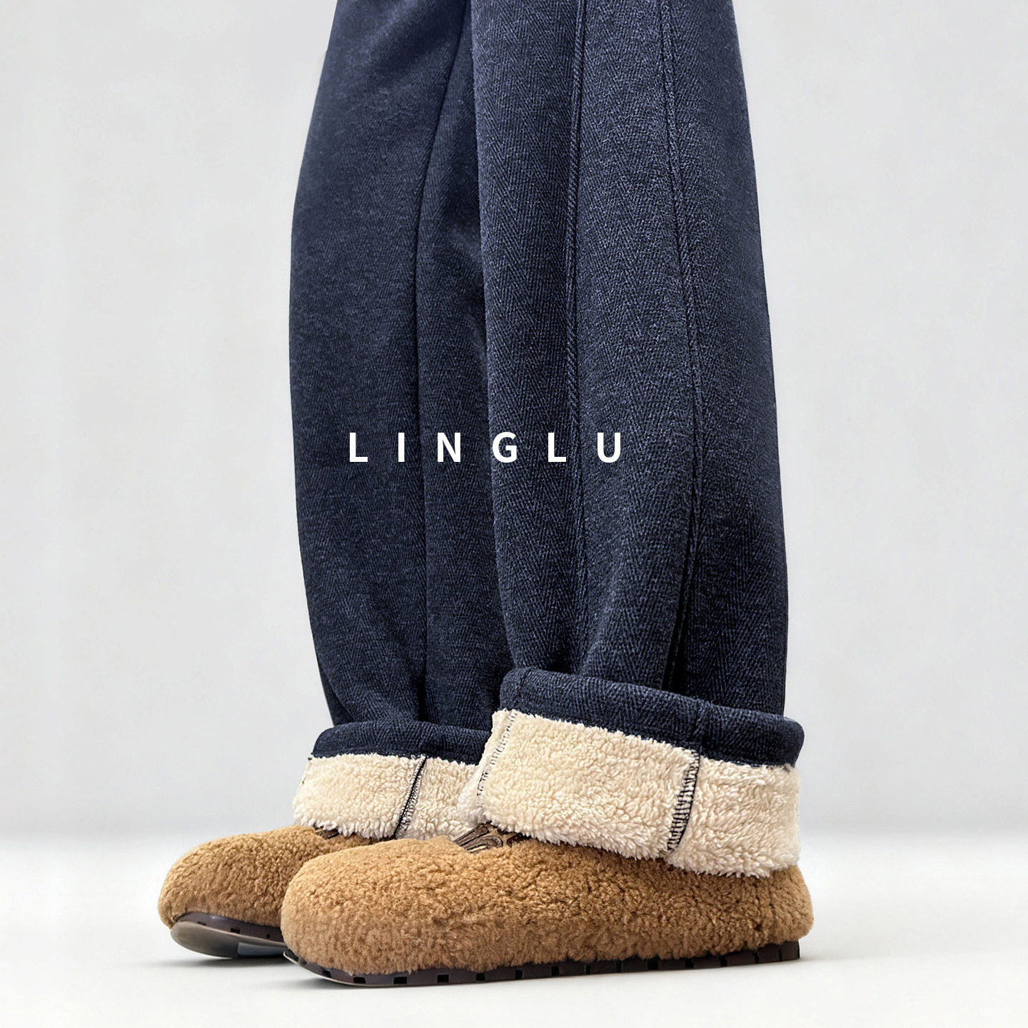 【冬寒克星】藏青色加绒加厚卫裤女羊羔绒运动裤宽松羊毛直筒棉裤