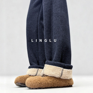 女羊羔绒运动裤 藏青色加绒加厚卫裤 宽松羊毛直筒棉裤 冬寒克星