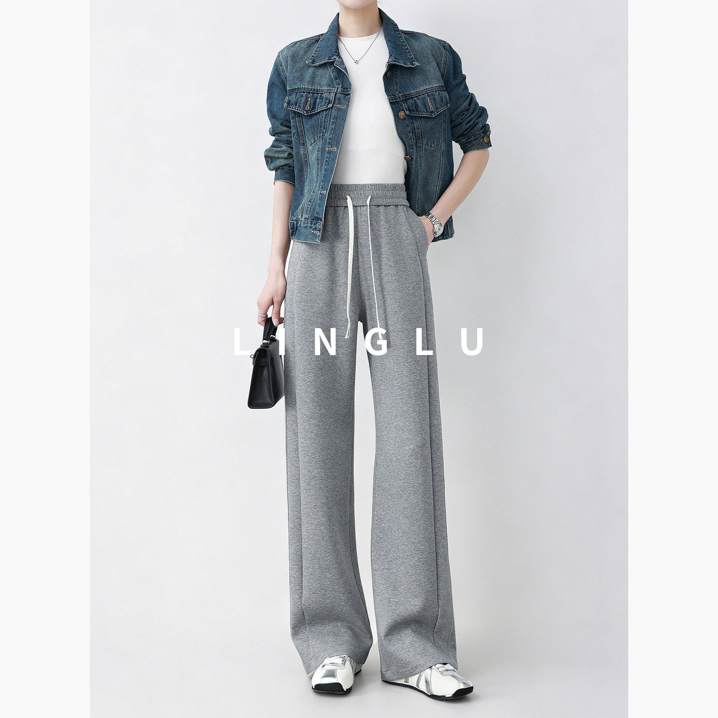 灰色运动裤女春夏2026新款宽松bf慵懒风阔腿裤加长高个子窄版卫裤