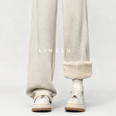 加绒裤 子女羊羔绒外穿棉裤 女士加厚毛呢卫裤 冬季 加长高个子阔腿裤