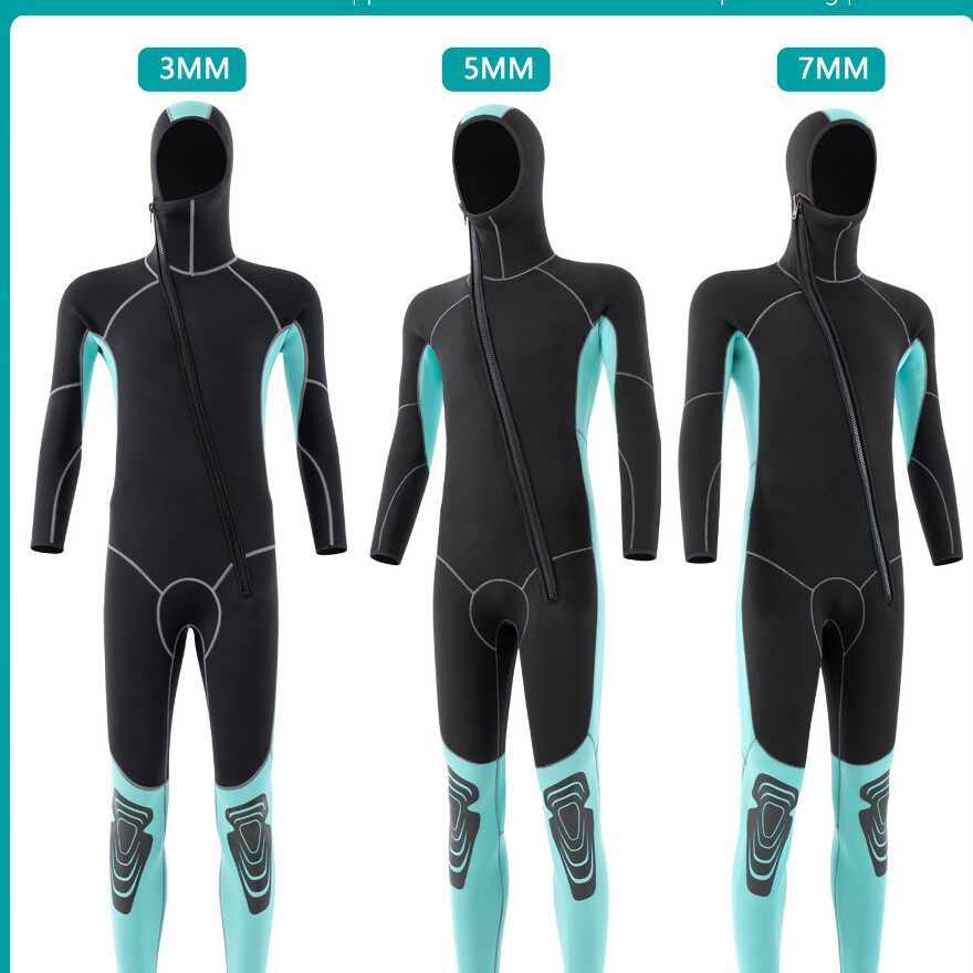 3/5/7MMmm毫米连体带帽潜水衣服男女前开拉链连帽冲浪水母衣服