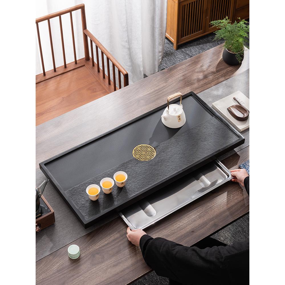 天然整块乌金石茶盘干泡盘茶台茶海大号功夫储排两用办公室简约款