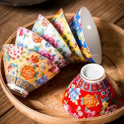 珐琅彩茶杯套装陶瓷品茗杯6个装主人杯家用 粉彩功夫斗笠杯小茶盏