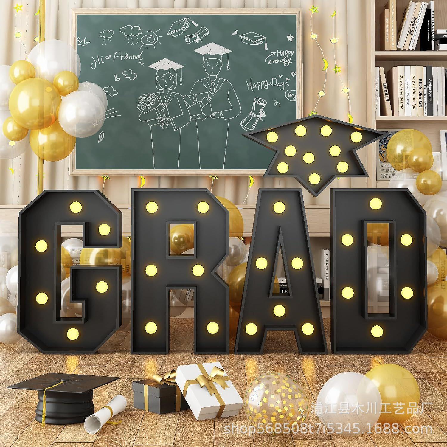 新款跨境毕业季LED发光字母GRAD毕业季数字kt板场景装饰道具用品