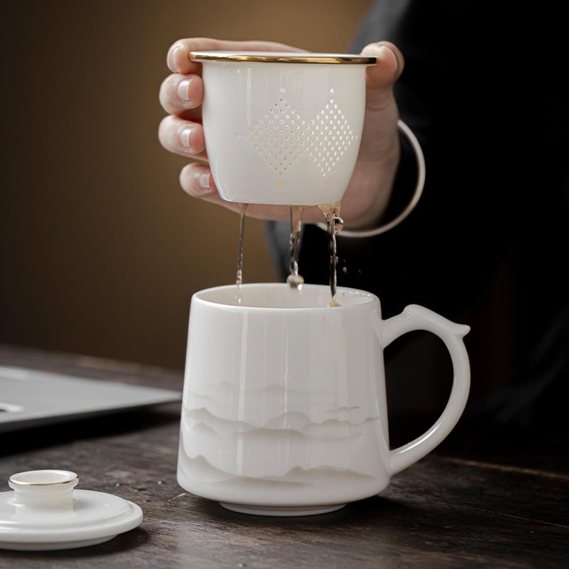 羊脂玉瓷茶杯茶水分办公杯陶瓷泡茶高端马克杯大容量刻字定制送礼