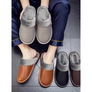 真皮面居家保暖棉拖鞋冬季男女室内防水防滑软底静音厚底牛皮托鞋