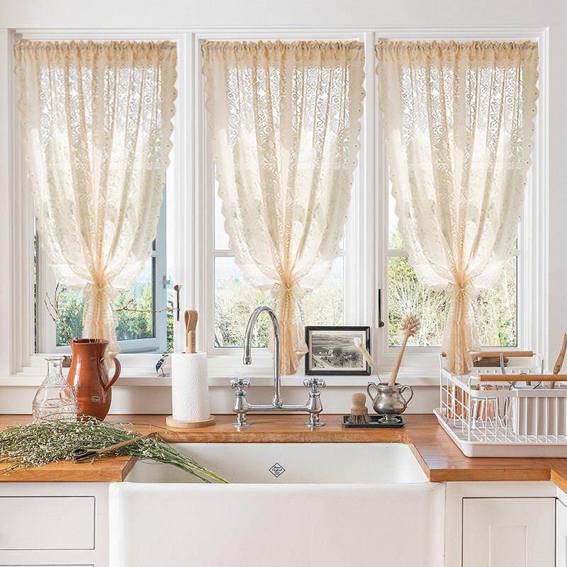 免打孔法式白色蕾丝窗帘门帘厨房半帘短帘隔断纱帘穿杆送伸缩杆,居家布艺,门帘,淘宝优惠券,粉丝福利购,淘宝优惠卷