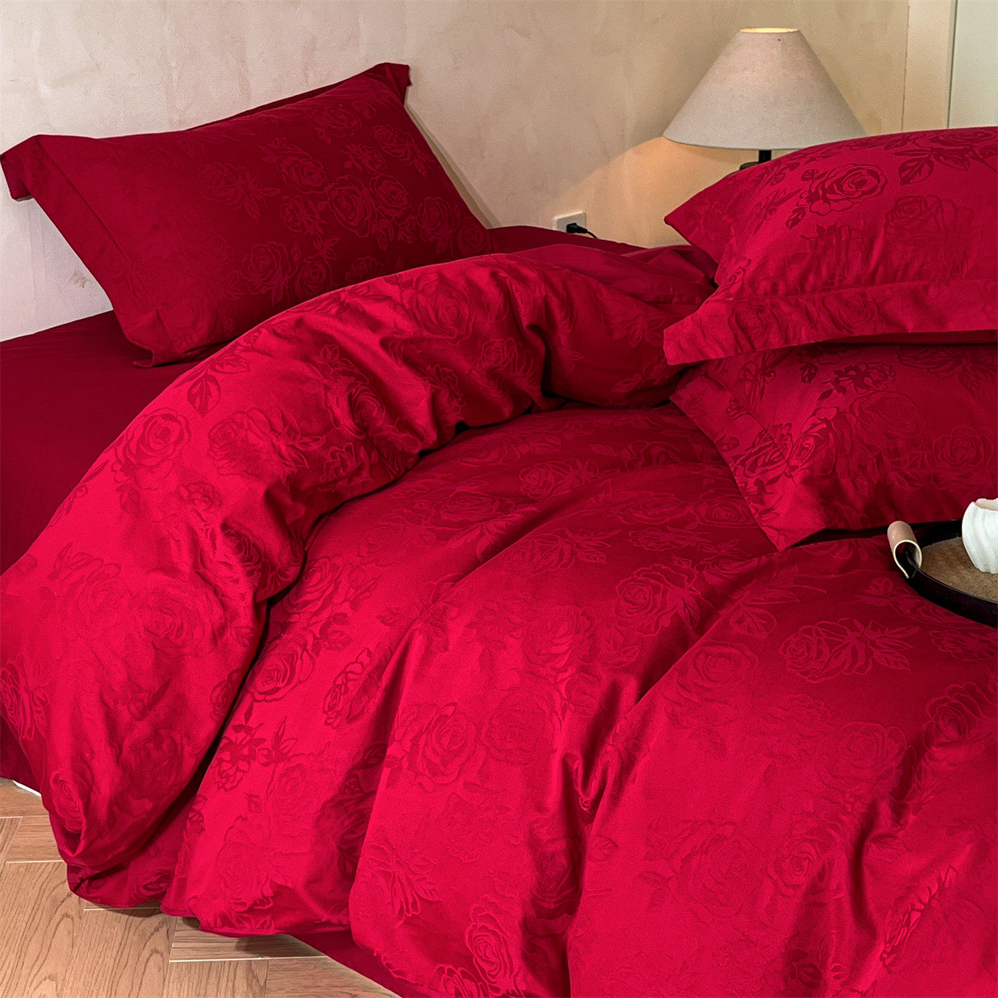 馨荷家纺婚庆四件套玫瑰纹纯棉被套红色结婚陪嫁送礼全棉床单床品,床上用品,婚庆床品套件,淘宝优惠券,粉丝福利购,淘宝优惠卷
