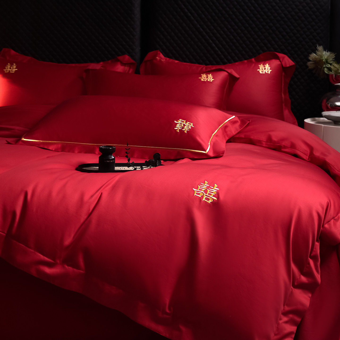 馨荷婚庆四件套100S长绒棉纯棉被套红色喜字结婚陪嫁全棉床上用品