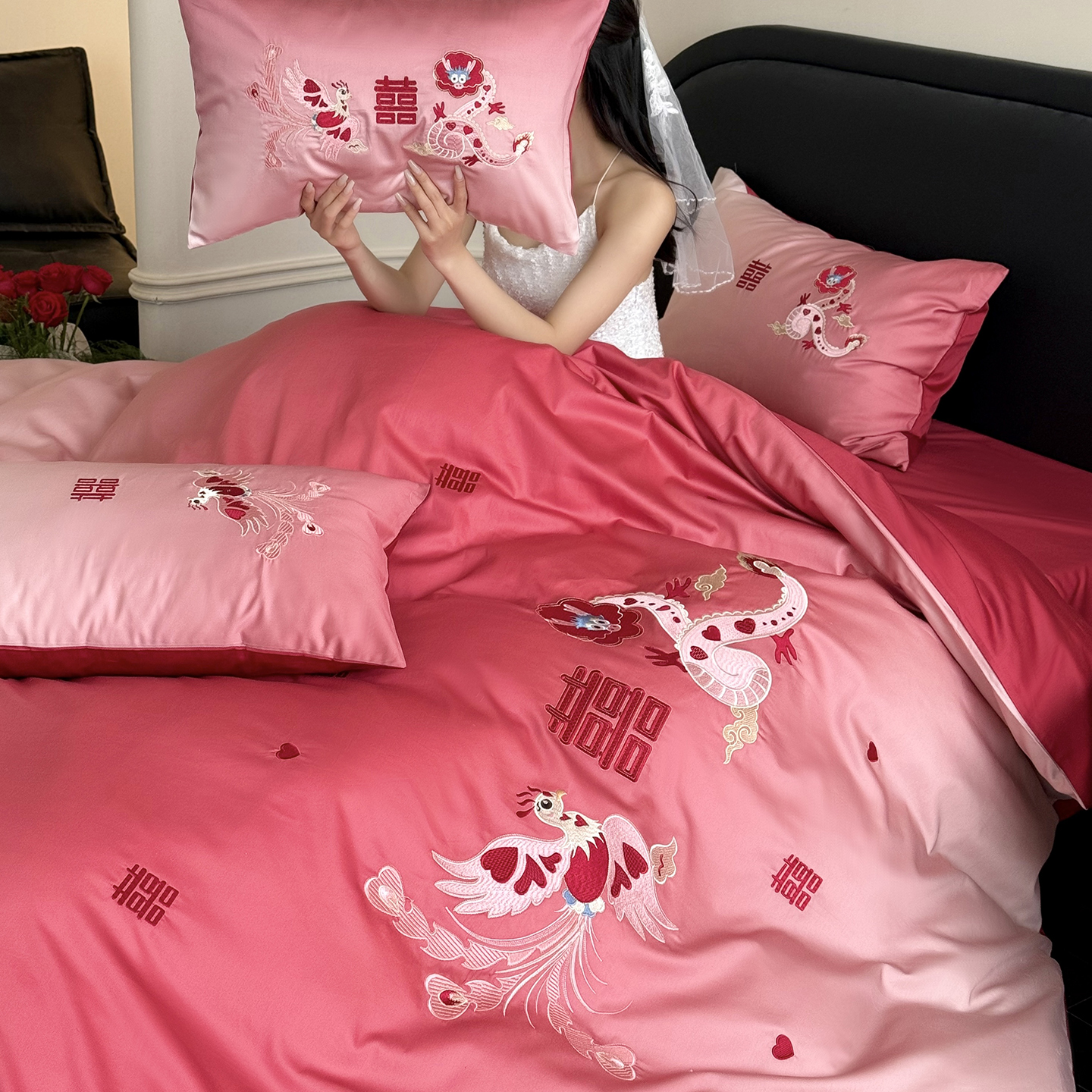 高端渐变粉色龙凤婚庆四件套喜字刺绣被套纯棉结婚用全棉床上用品