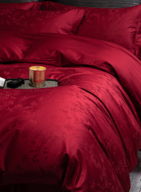 轻奢风婚庆四件套100S长绒棉纯棉提花被套高级感红色结婚床上用品