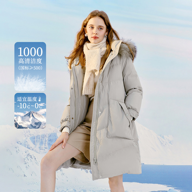 秋水伊人中长款毛领羽绒服女2025冬季新款鸭绒灰色外套女款大衣
