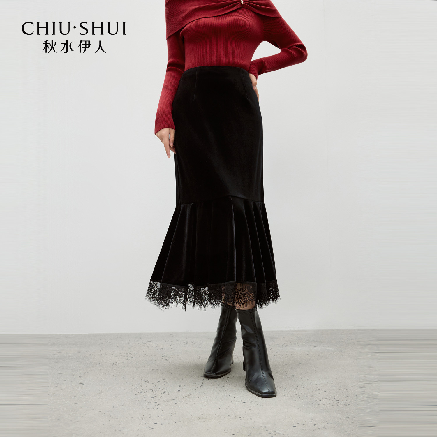 【大粒儿粉丝专享】秋水伊人优雅丝绒鱼尾裙冬季蕾丝拼接半身裙