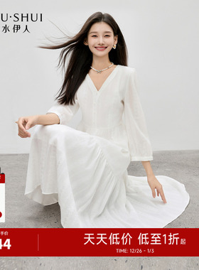 秋水伊人白色连衣裙女2025秋季新款爆款中长款V领法式高级感裙子