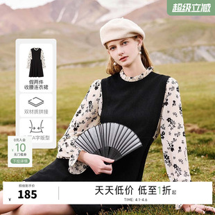 长袖 印花假两件小黑裙子女 2026新款 秋水伊人大女孩高端连衣裙春装