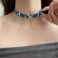 yyds！蓝色牛仔蝴蝶项圈女choker项链小众独特锁骨链甜酷辣妹颈链