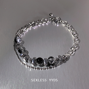 暗夜流光!yyds黑色星球双层拼接手链女个性嘻哈手串轻奢小众手饰