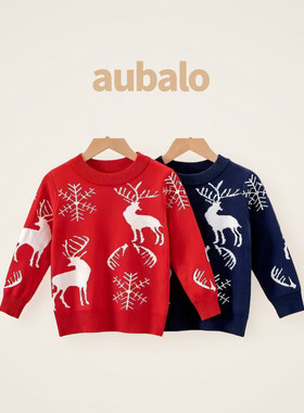 aubalo 女童麋鹿加厚保暖毛衣秋冬新款2025年儿童套头圆领针织衫