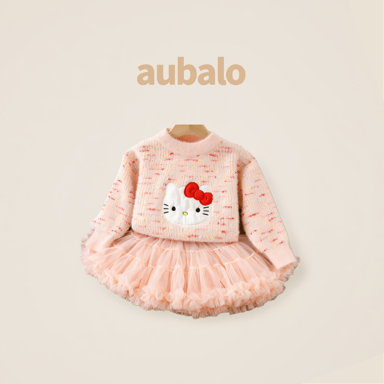 aubalo女童套装可爱卡通猫毛衣tutu裙秋装2025新款儿童加绒两件套