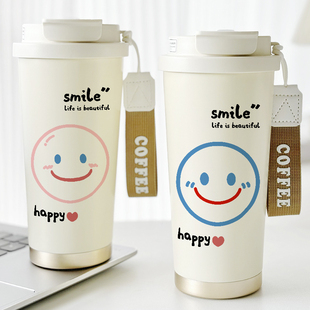 简约ins风保温杯创意笑脸潮牌新款水杯子情侣316不锈钢双饮咖啡杯