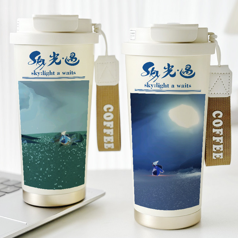 sky光遇手游咖啡保温杯周边白鸟菇菇卡水杯子带吸管提绳316不锈钢