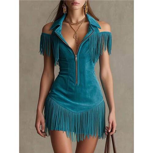 流苏拉链露肩连衣裙Tassel zipper off shoulder dress for women