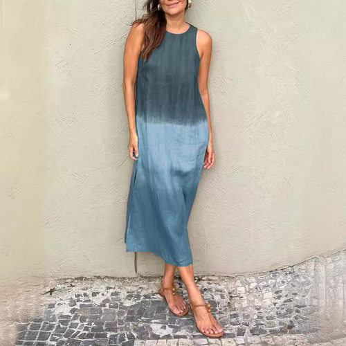 Cotton andlinen gradient dress夏季女式休闲棉麻无袖渐变连衣裙