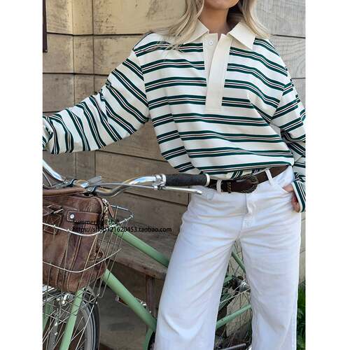 宽松条纹POLO领长袖休闲上衣女 Striped long sleeved LOLO shirt