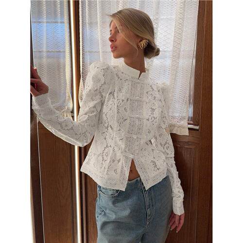春季蕾丝钩花立领小外套修身衬衣Stand collar lace short jacket