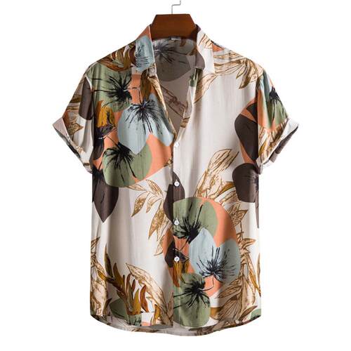 Men Casual Short Sleeve Shirts欧美时尚印花人棉休闲短袖衬衫男
