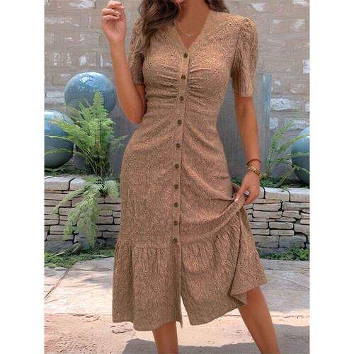 summer women dress casual ladies skirt 短袖纯色时尚连衣裙女