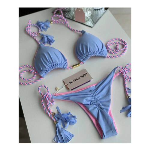 2026露背编绳比基尼三角泳衣欧美泳装女Triangle bikini swimsuit