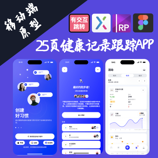 UI交互设计|25页健康记录跟踪APP源文件Axure/sketch/Figma/XD